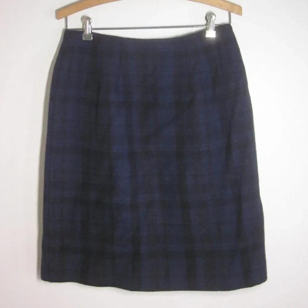 Talbots Blue Plaid Wool Skirt Womens Size 8 Wrap Style Vintage Skirt